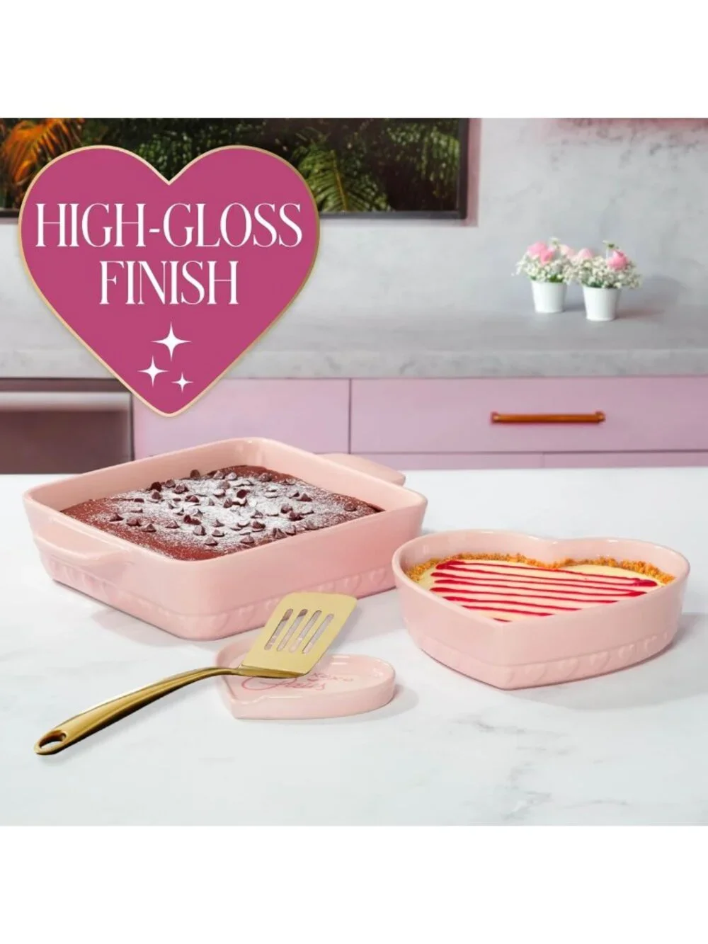 Chic 3-Piece Ceramic Bakeware Set - Square & Heart Bakers, Spoon Rest, Pink